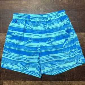 Men's Blue Striped Shark-Print Swim Trunks